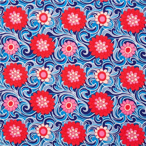 Grafische rote Blumen auf blauen Schriftrollen Baumwolle UK Stoff