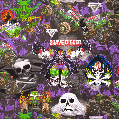 Grave Digger Monster Trucks Skulls Fabric