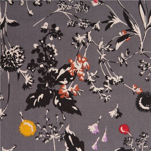Tissu viella en coton gris fleurs des prés et feuillages, importé du Japon Tissu
