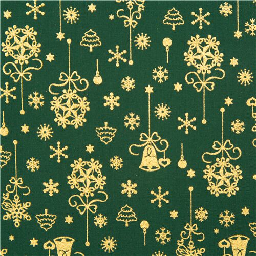Grner Weihnachtsstoff Metallic Gold Dekoration Schneeflocken Stoff