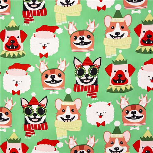 Tela de algodn ver perros en filas sombreros de Navidad Tela