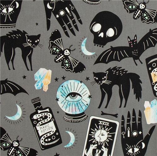 Grauer Alexander Henry Halloween Stoff schwarze Katze Totenkopf Hand Stoff