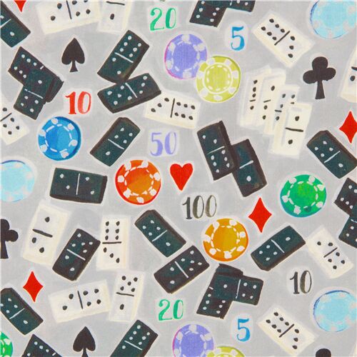 Tissu en coton gris avec des dominos multicolores thme des jeux - coupon (112cm x 42cm)