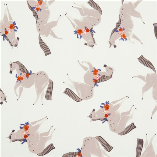Illustrated Grey Ponies Wearing Flower Garland Fabric