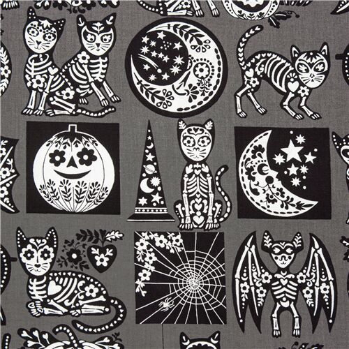 Tissu gris crânes lunes chats citrouilles squelettes noirs blancs pochoirs Tissu