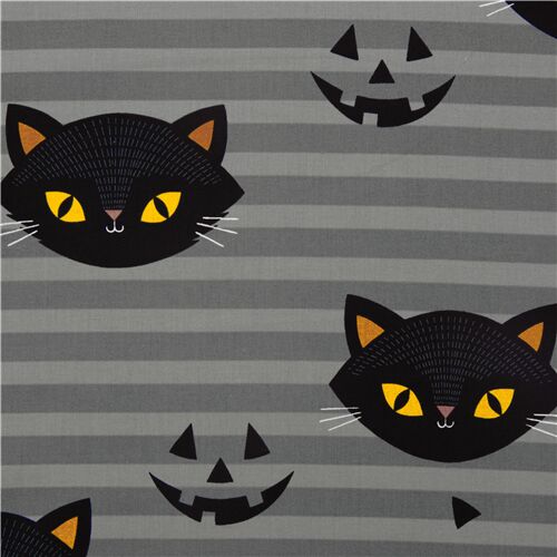 Tissu d'Halloween gris  rayures chats noirs et Jack-o-lantern Tissu