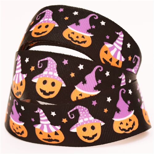 Halloween Ribbed Ribbon in Black with Jack O Lanterns 2