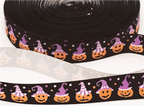 Halloween Ribbed Ribbon in Black with Jack O Lanterns 3