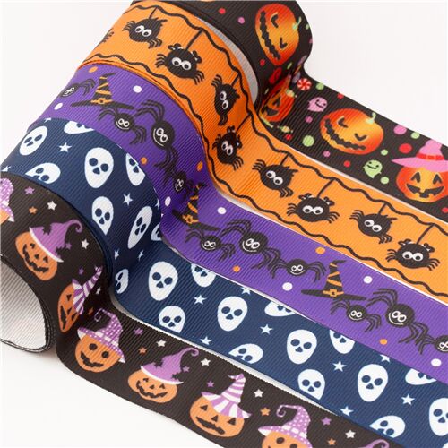 Halloween Ribbed Ribbon in Black with Jack O Lanterns 4