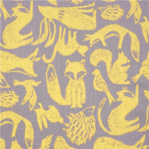 Tissu popeline broadcloth japonais gris oiseaux renards lièvres hérissons faune Tissu