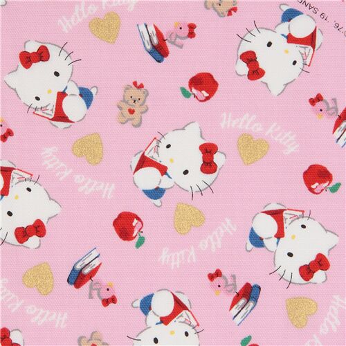 Hello Kitty oxford fabric in pink with apples and metallic gold hearts Fabric