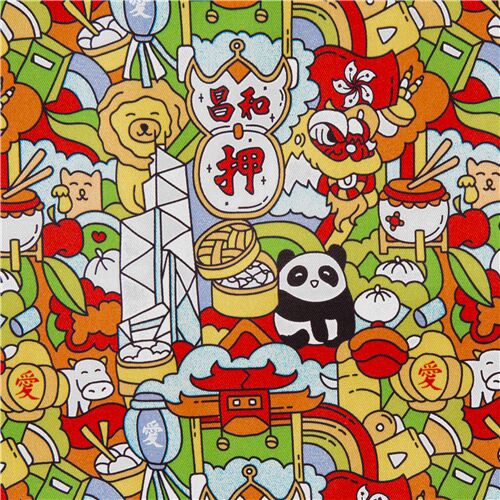 Tissu multicolore Hong Kong doodles monuments culturels et populaires panda Tissu