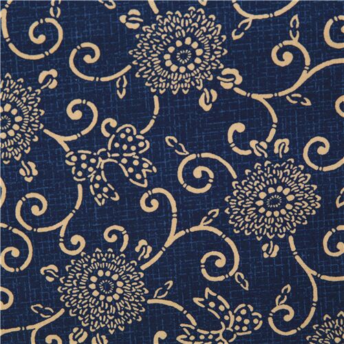 Tela algodón azul índigo con motivo floral tradicional y lazos de Japón Tela