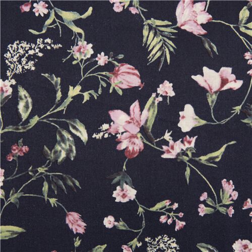 tessuto blu inchiostro cotone lawn fiori viola Tessuto