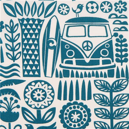 Ipanema teal palm tree bus surfing organic fabric by birch Fabric