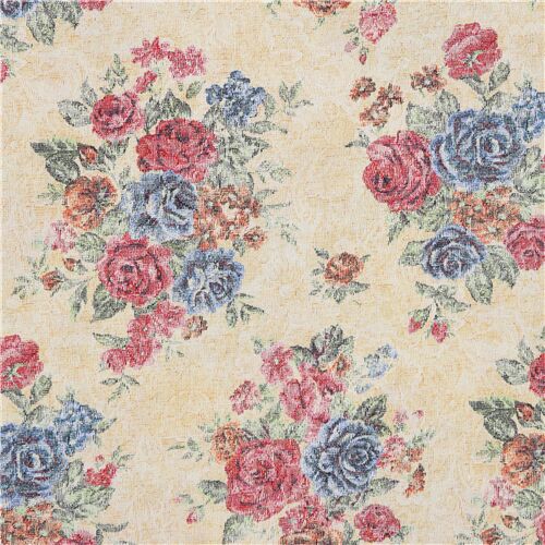 Cremefarbener japanischer Oxford-Stoff rosa blaue Rose Blumenstrau Stoff