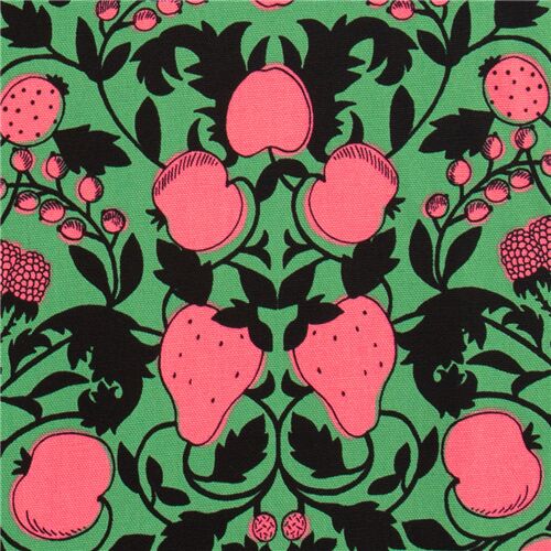 Tela oxford de Japón verde oscuro ornamentos negro rosa fruta baya Tela