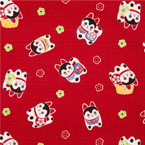 Tissu Dobby en coton laminé rouge avec des chiens inuhariko et des fleurs Tissu