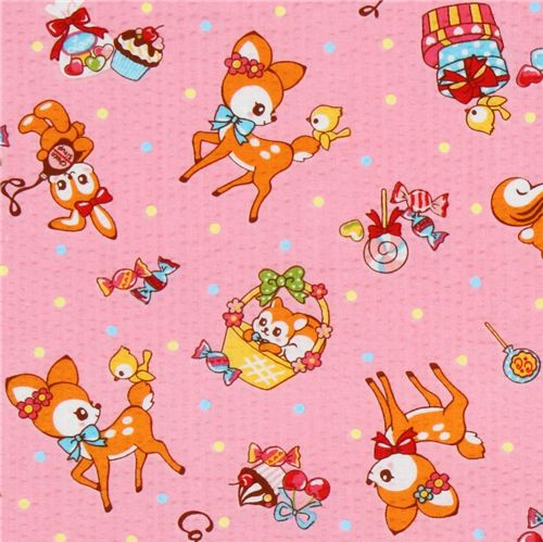 japanischer Cosmo Stoff Reh Eichhörnchen Hase rosa 1