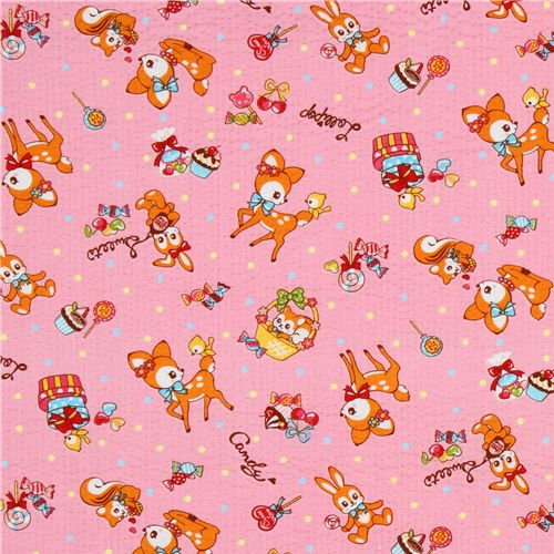 japanischer Cosmo Stoff Reh Eichhörnchen Hase rosa 2