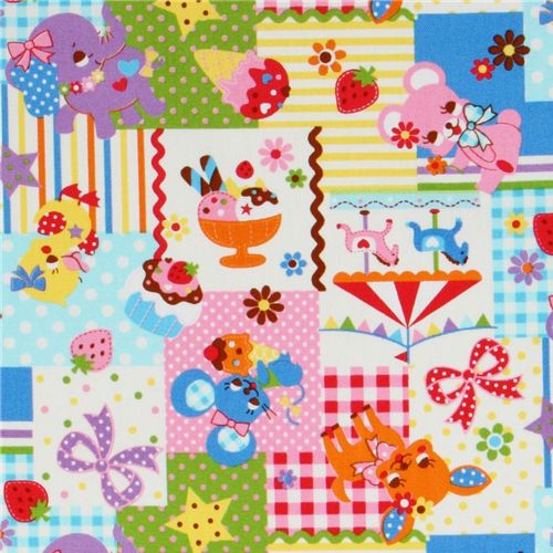 Japanese Cosmo fabric kawaii deer bear elephant blue 1