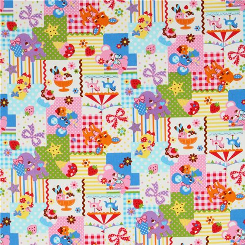 Japanese Cosmo fabric kawaii deer bear elephant blue 2