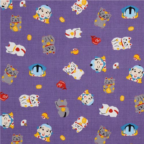 Japanese Cosmo fabric lucky cat Maneki Neko purple 3