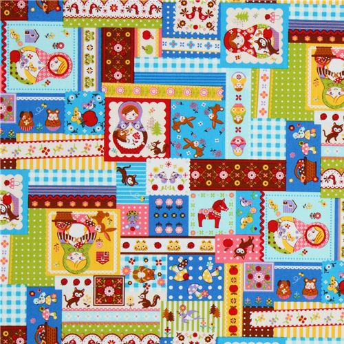 Japanese Cosmo fabric matryoshka kawaii animals blue 2