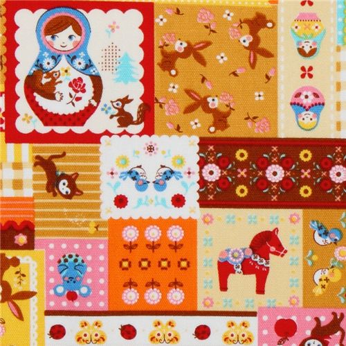 japanischer Cosmo Stoff Matroschka kawaii Tiere orange 1