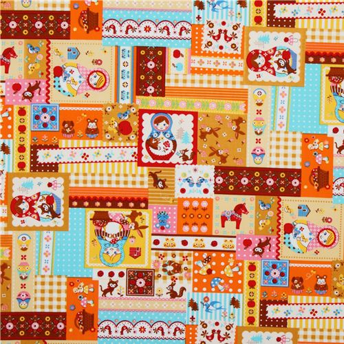 japanischer Cosmo Stoff Matroschka kawaii Tiere orange 2