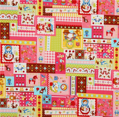 Japanese Cosmo fabric matryoshka kawaii animals pink 2
