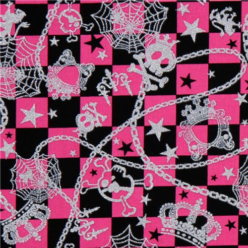 Japanese Cosmo pink checkered fabric glitter skull 1