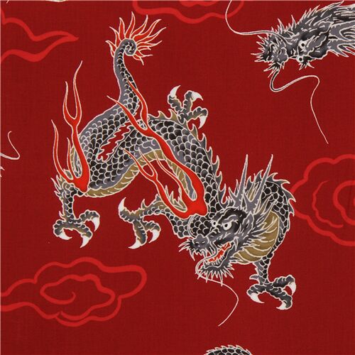japanischer dunkelroter Stoff mit grauen Drachen Stoff