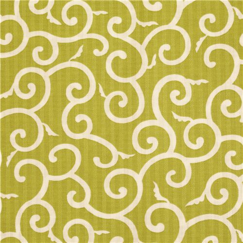 Chartreuse White Swirls Karakusa Pattern Fabric