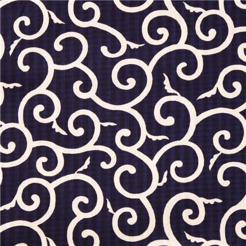 Japanese dobby fabric with white swirl karakusa pattern navy blue Fabric