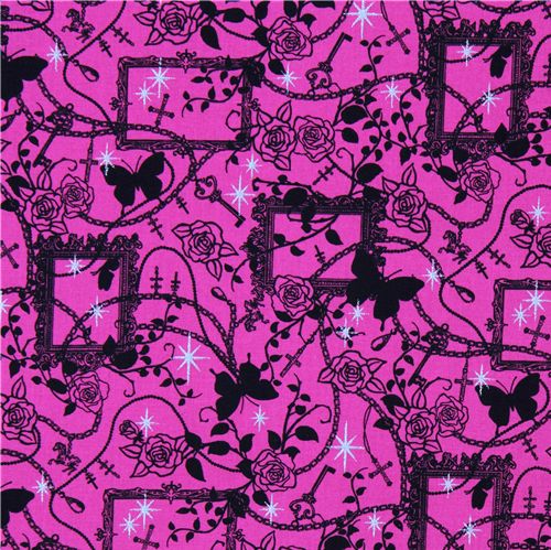 Japanese fabric pink roses chains crosses glitter Fabric