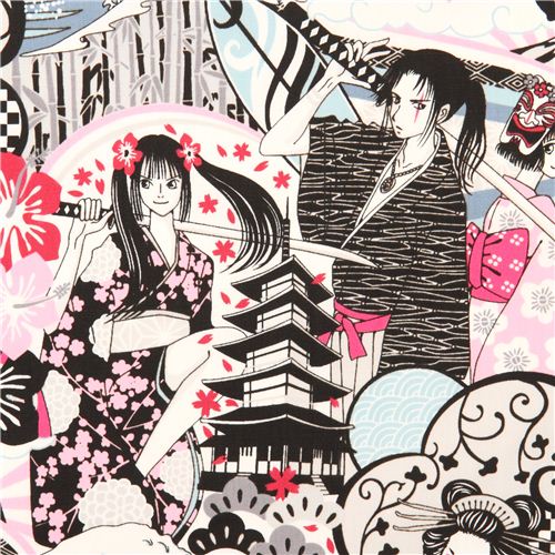 Tissu avec des combattants japonais style anime manga  Tissu