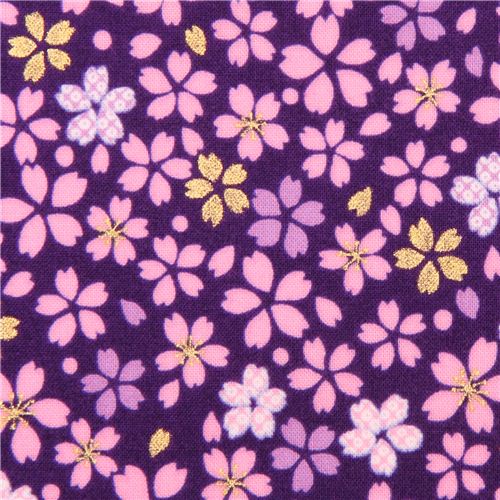 Tela violeta flores japonesas flor de cerezo de Kokka Tela