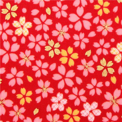 Tissu Kokka rouge avec des fleurs de cerisiers japonais Tissu