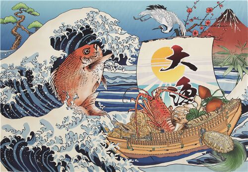Tissu japonais en coton  panneaux vagues bleues mer bateaux tradition japonaise Tissu