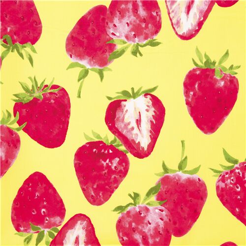 Tissu japonais jaune avec des fraises rouges en train de tomber Tissu