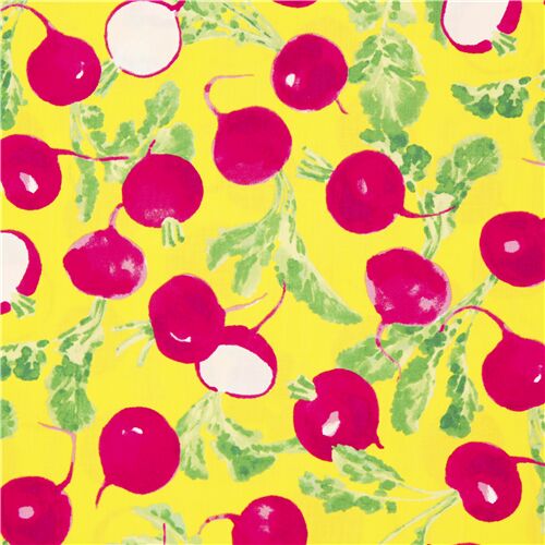 Tissu japonais jaune avec des radis rouges dans tous les sens Tissu