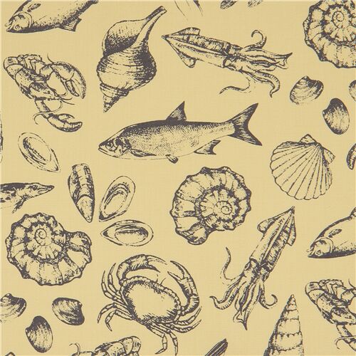 Tissu japonais jaune avec des animaux marins, des crabes, des poissons - coupon (110cm x 48cm)