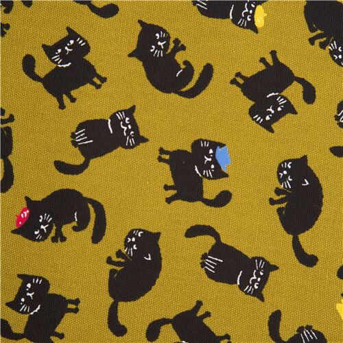 Tissu Oxford vert kaki avec des chats noirs avec d'adorables chapeaux Tissu