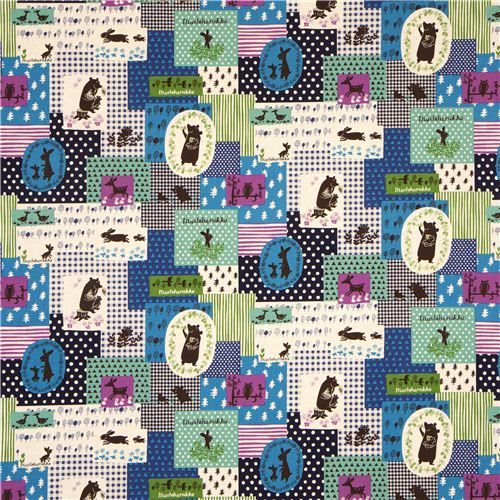 Kokka Canvas Patchwork fabric blue bear owl deer Japan 2