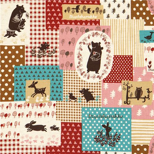 Kokka Canvas Patchwork fabric red with bear owl deer Japan 1