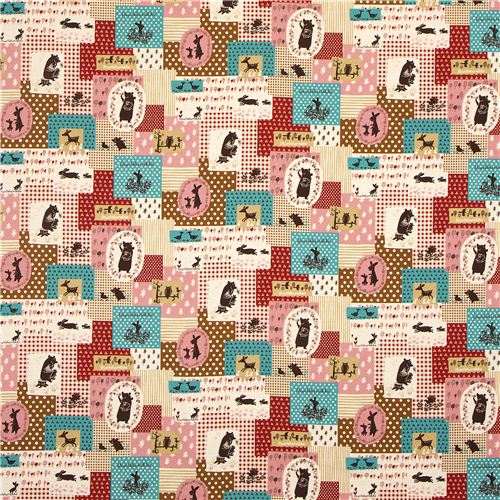Kokka Canvas Patchwork fabric red with bear owl deer Japan 2