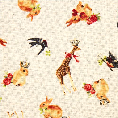 Kokka Canvas fabric with bunny giraffe bird du Japon1