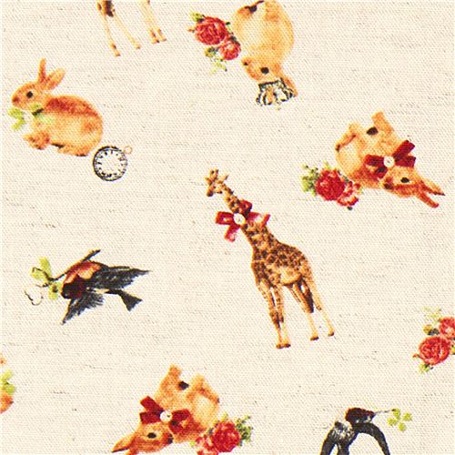 Kokka Canvas Stoff mit Hase Giraffe Vogel aus Japan 4