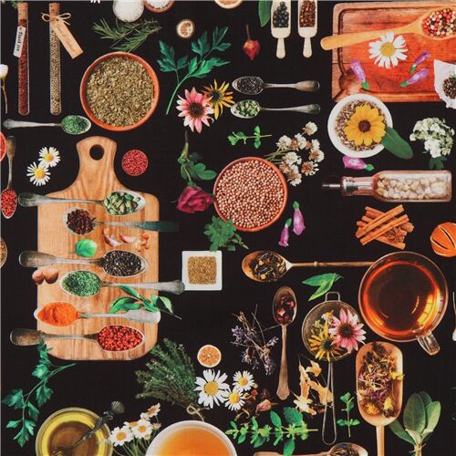 Kokka black fabric from Japan with colorful flowers and spices Fabric
